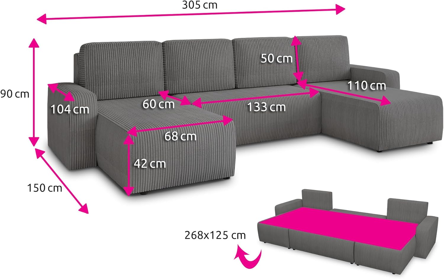 Sofnet Wohnlandschaft mit Schlaffunktion Roma - U-Form Couch, Schlafsofa mit Bettkasten, Couchgranitur mit Bettfunktion, Big Sofa, Cord Stoff (Beige (Poso 100))