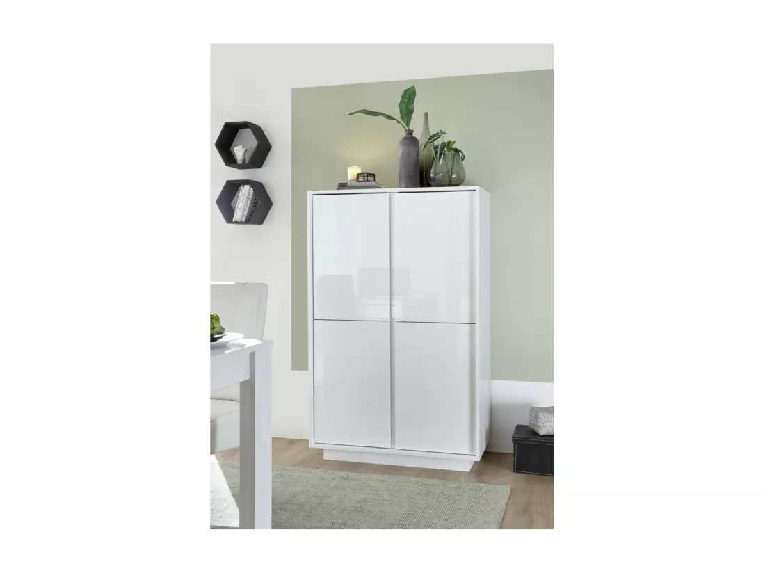 Argentier 4 portes, collection CREAM, coloris blanc laqué brillant, idéal pour une salle à manger design