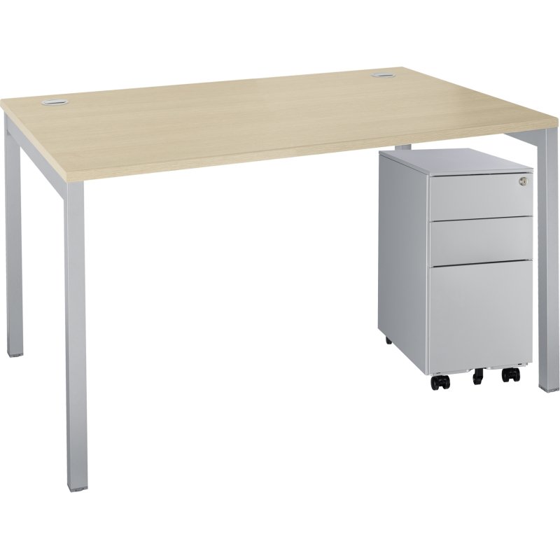 Pack bureau L 120 cm Squadra chêne clair + caisson mobile 3 tiroirs petite largeur aluminium Bruneau