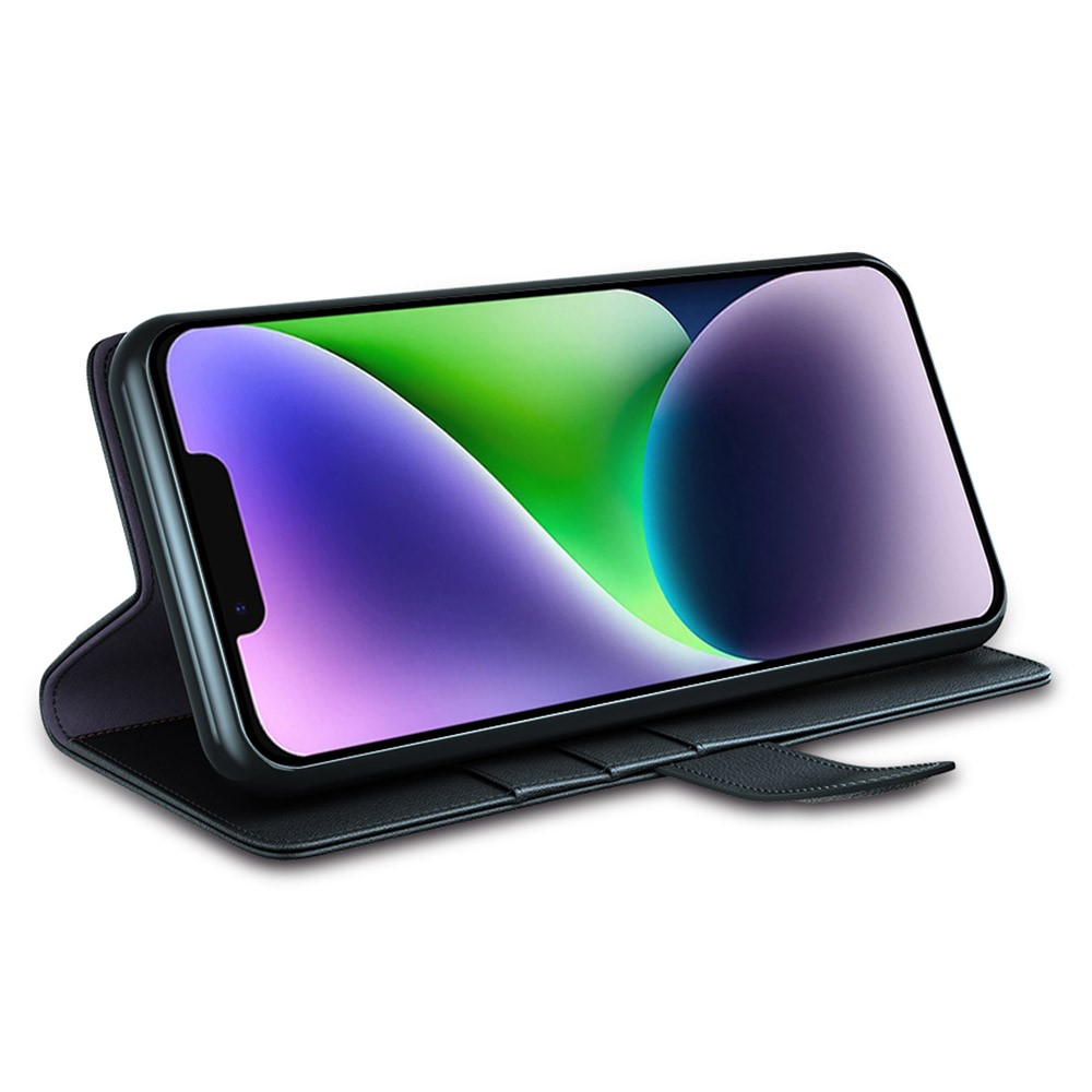 iPhone 15 Echtleder Tasche Flip Cover mit Kartenfächer - Schwarz