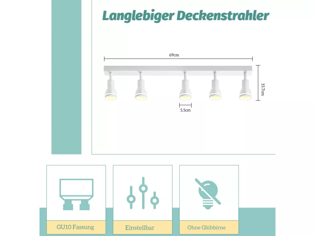 NETTLIFE Plafonnier 5 Spots Blanc : Plafonnier Métal GU10 Spots Pivotant Intérieur pour cuisine bureau salon chambre à coucher, Sans ampoules