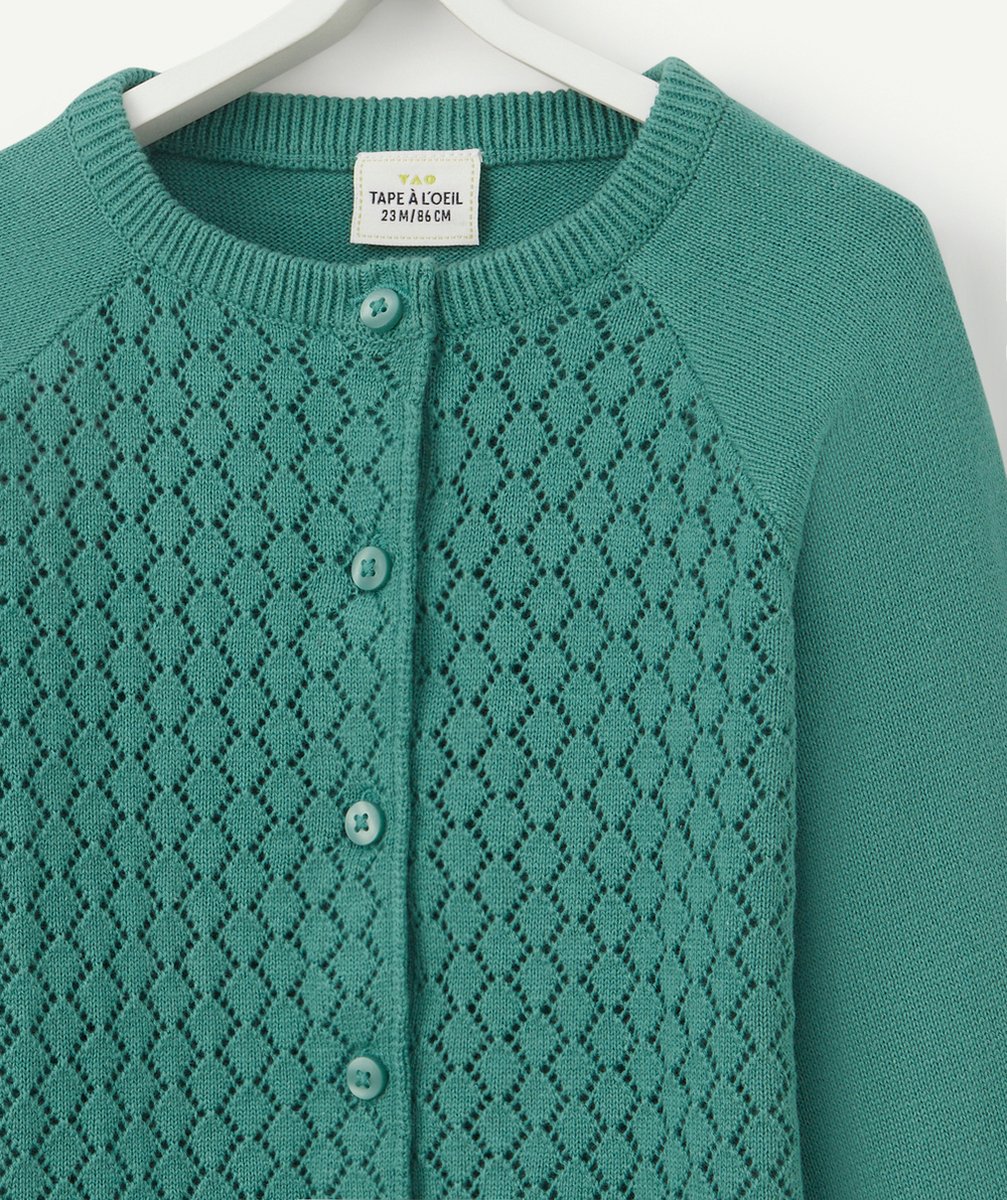 CARDIGAN BÉBÉ FILLE VERT EN COTON AJOURÉ