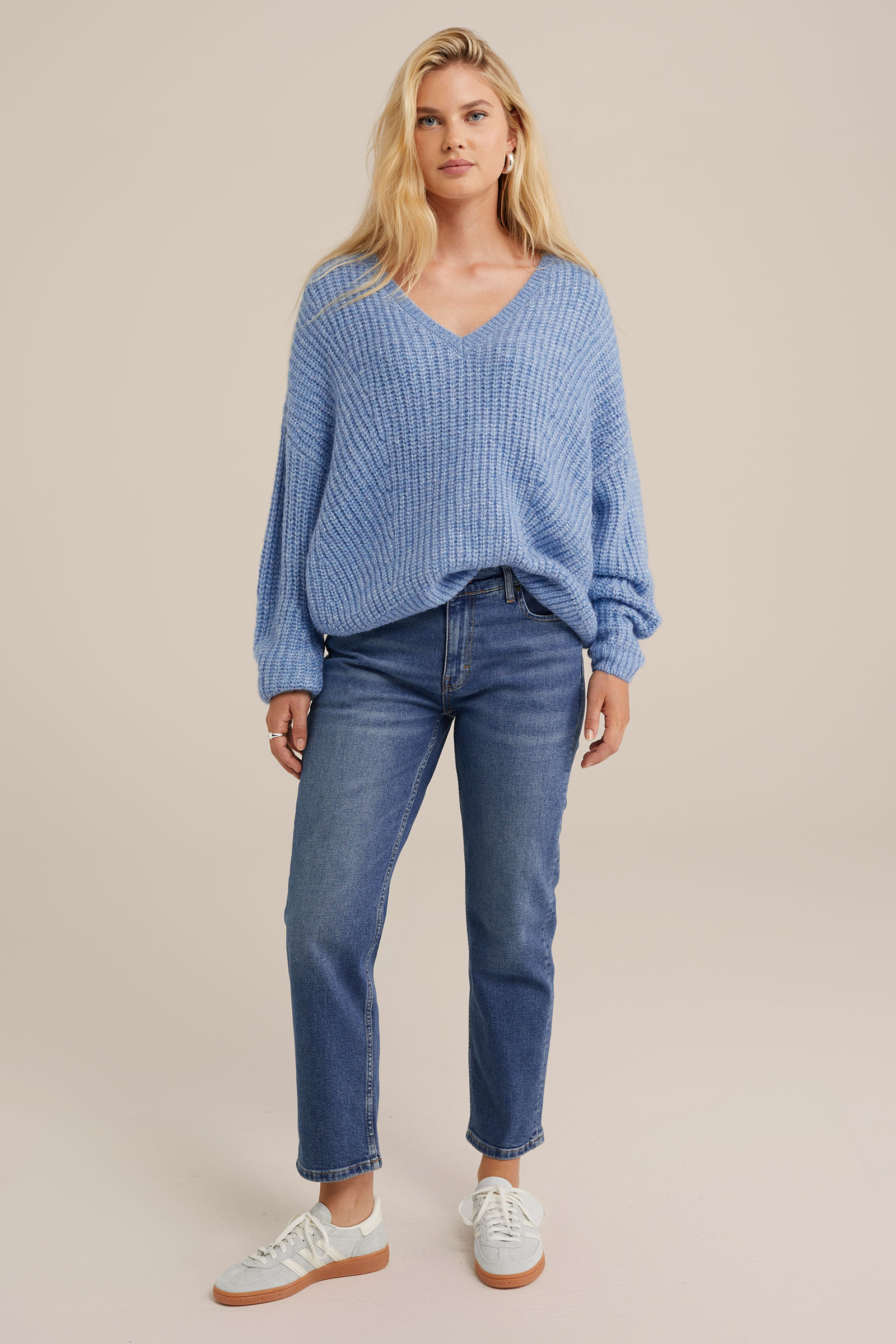 kabelgebreide trui met glittergaren WE Fashion Lichtblauw