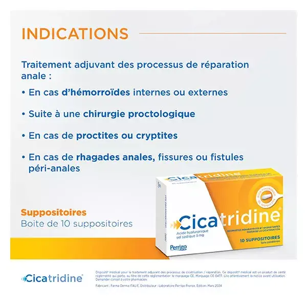 Supositórios cicatrizantes Cicatridine com ácido hialurônico, 10 unidades