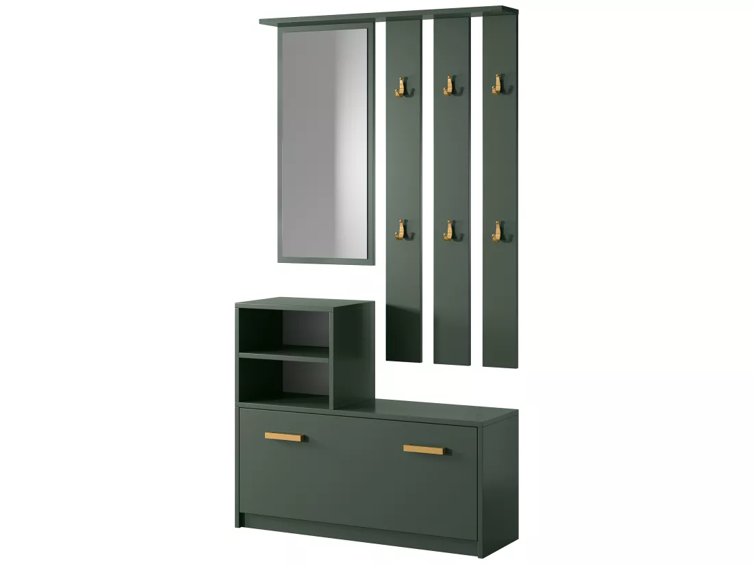 Vestiaire d’entrée / Meuble d’entrée - vert bouteille - armoire à chaussures - portemanteau - miroir - 85 cm - YESFIR