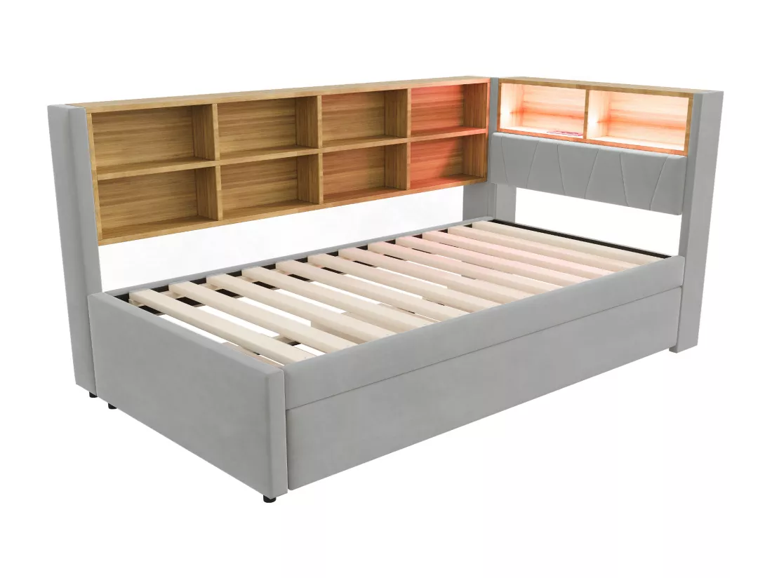 Canapé convertible 90x200 - avec lit gigogne 90x190 cm - avec prise USB - multiples rangements - lit tapissé - Gris clair (matelas non inclus)