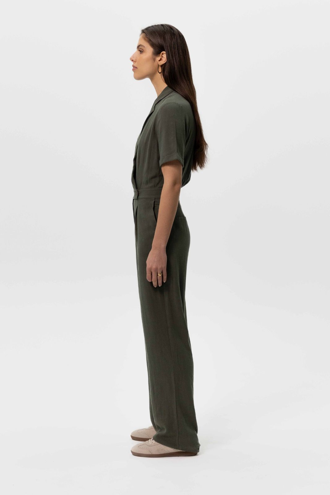 Donkergroene linnen straight leg jumpsuit