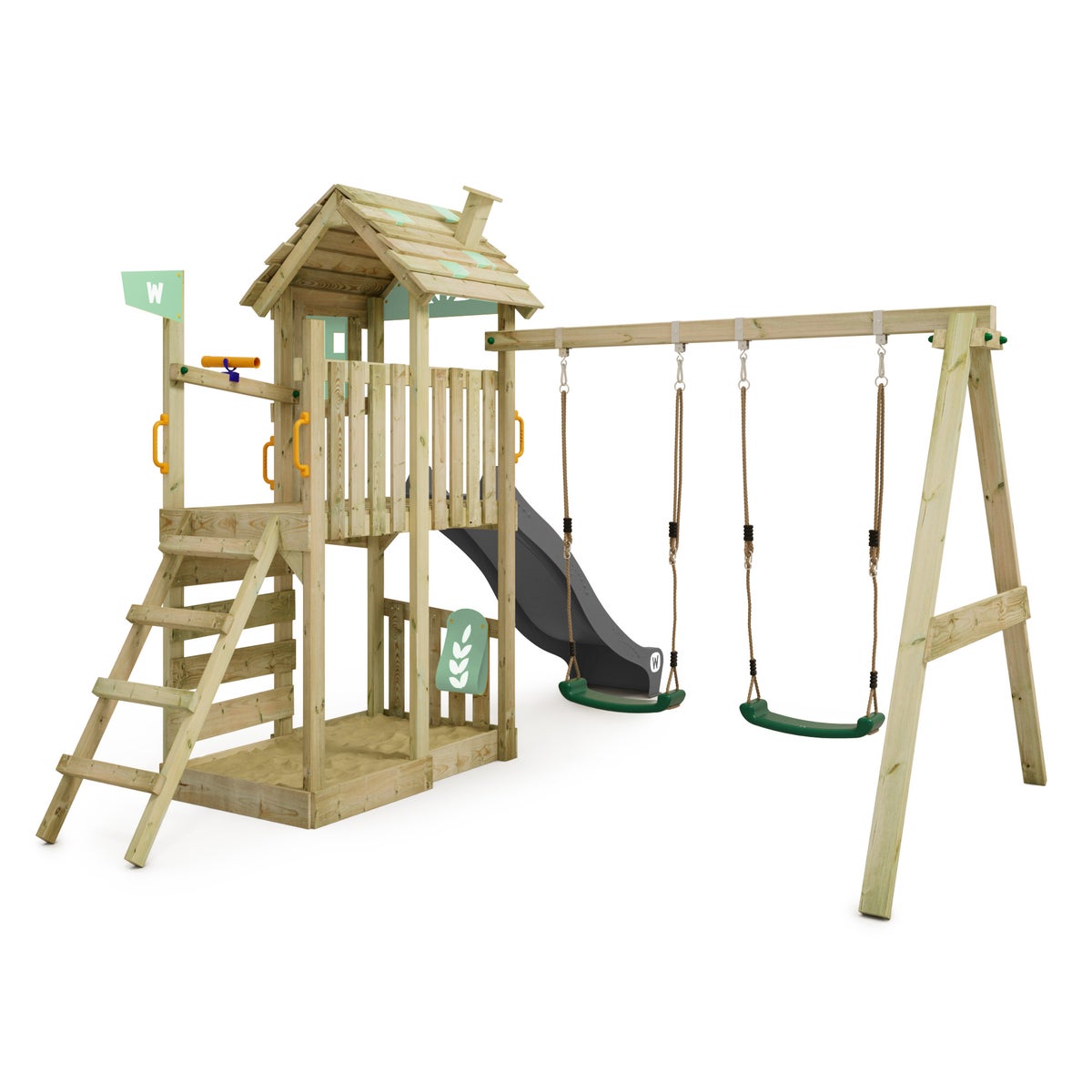 WICKEY FarmFlyer Speeltoren Klimrek met Schommel en Glijbaan, Klimtoren met Zandbak, Ladder en Speelaccessoires – Pastelgroen