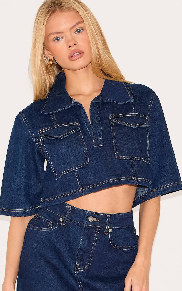 Bleu Indigo Chemise En Denim Raccourcie À Coutures Contrastées