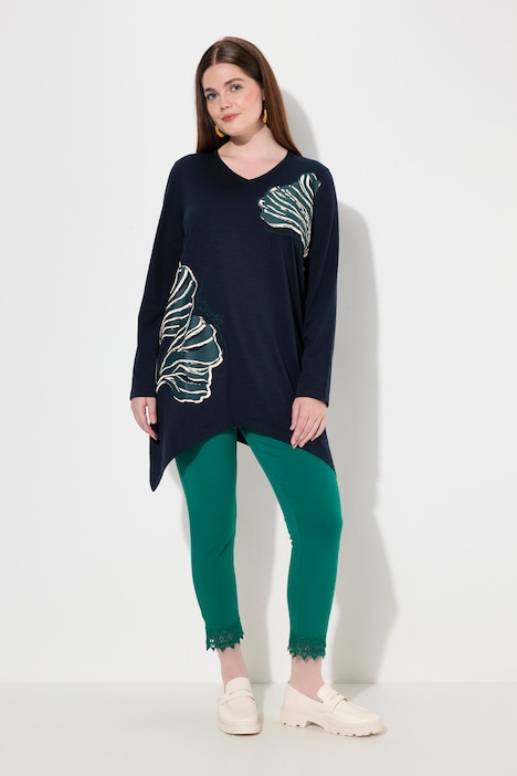 Longshirt, Blätter, V-Ausschnitt, Langarm, Biobaumwolle