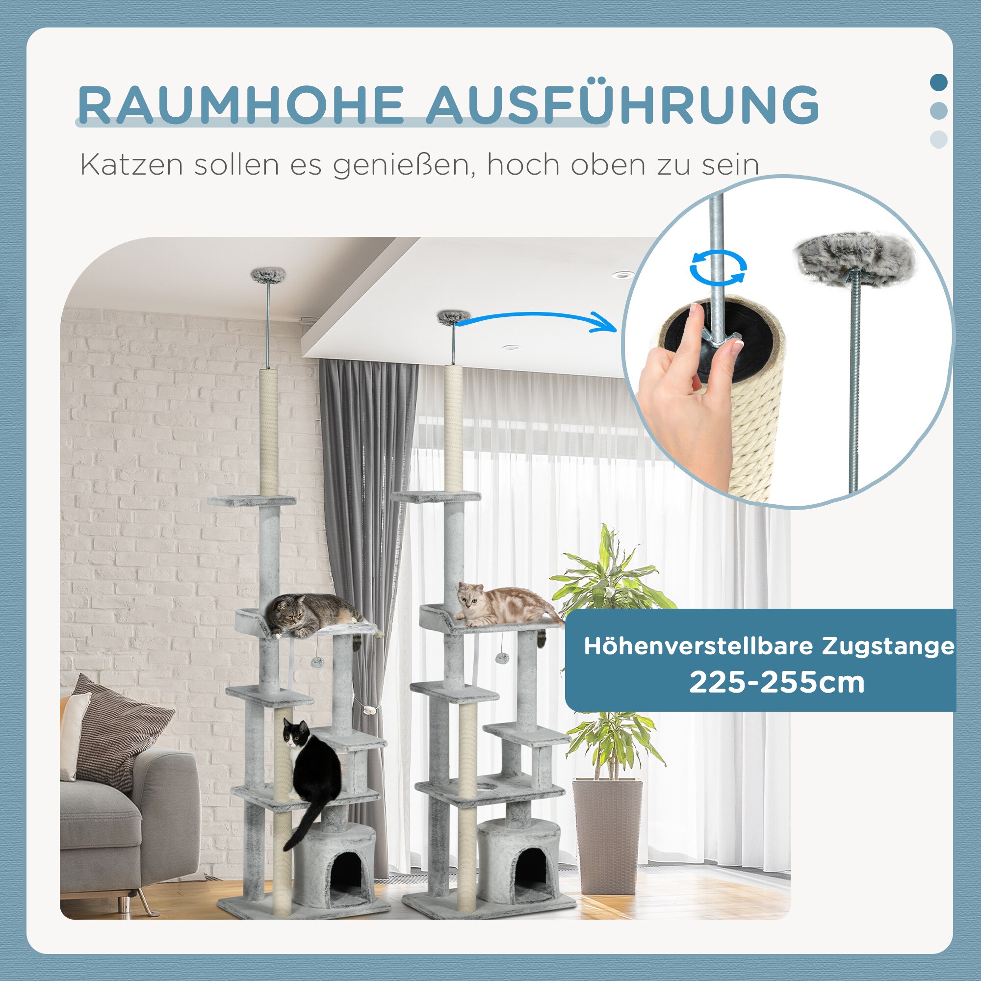 PawHut Kratzbaum mit Kratzflächen grau 60L x 40B x 255H cm