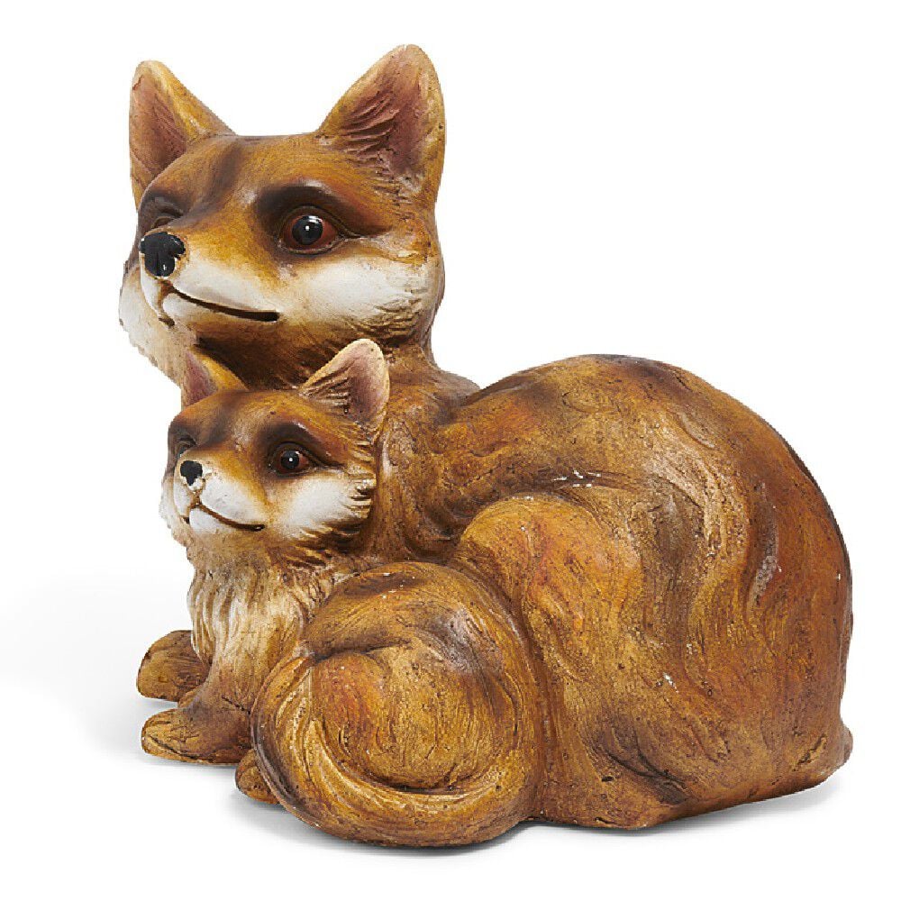 Renard et son bébé décoration marron et blanc en résine