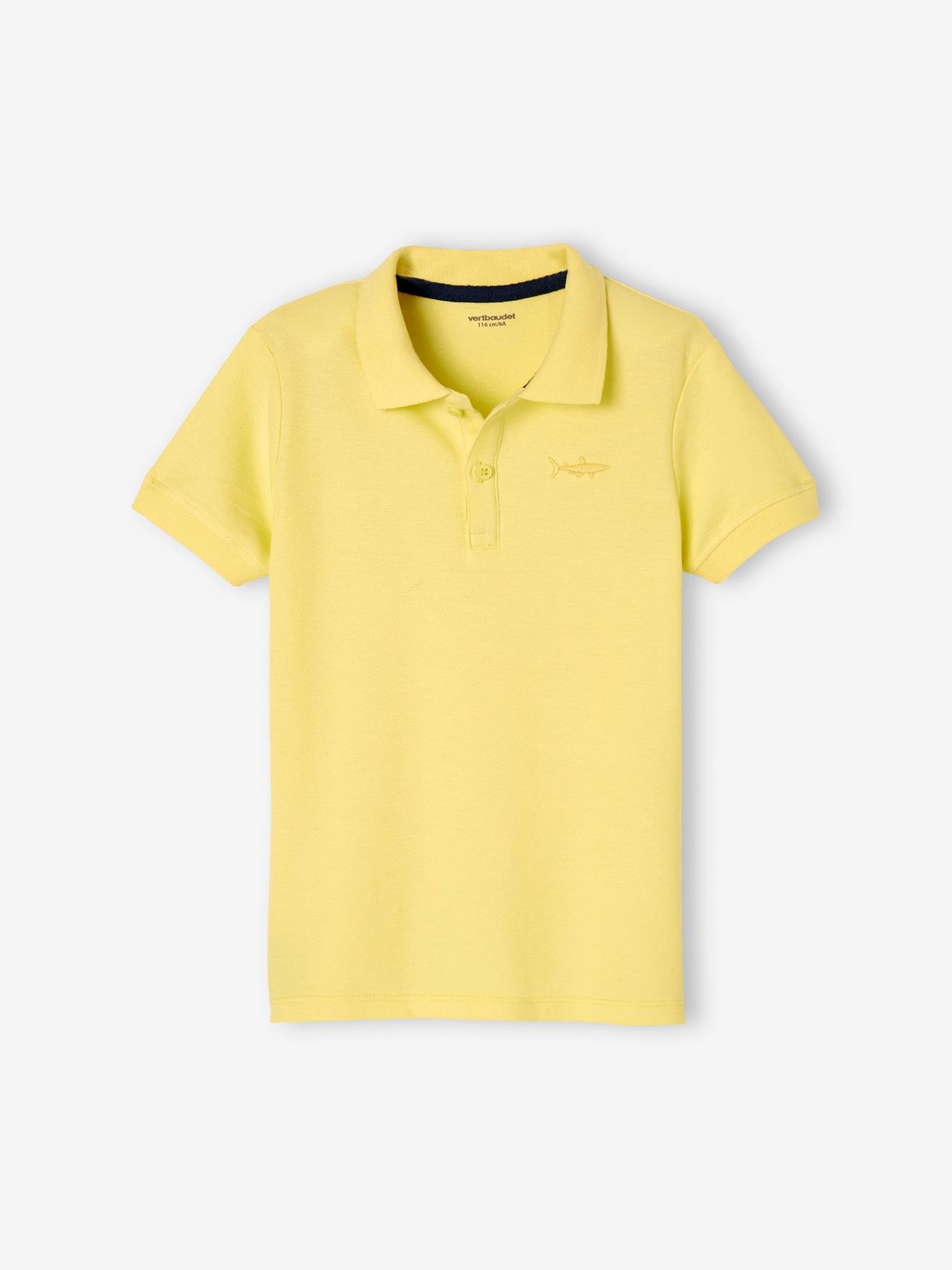 Camisa polo de manga curta com bordado no peito, para meninos, amarelo pastel