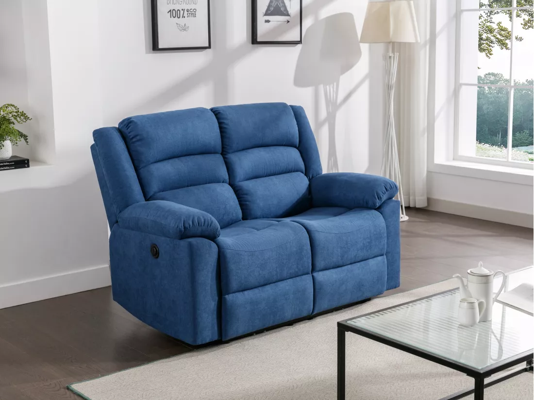 Canapé 2 places relax électrique en tissu bleu BUROLO