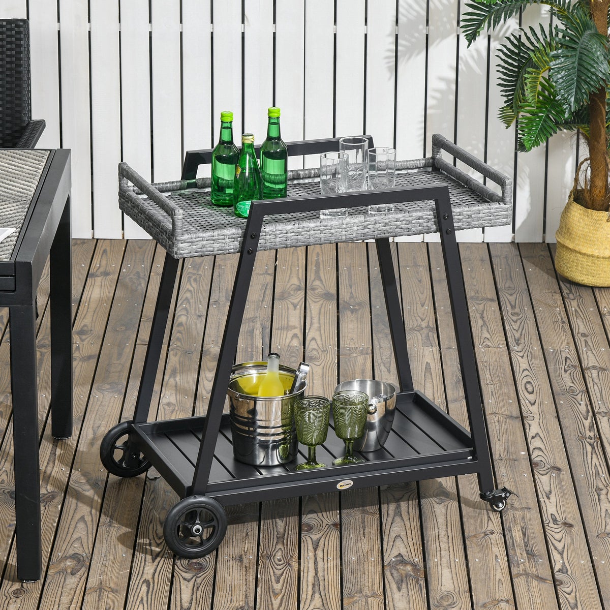Outsunny Rattan Serveerwagen met Plank, Tuintrolley met Handgrepen, 79L x 52B x 82H cm, Staal, Grijs