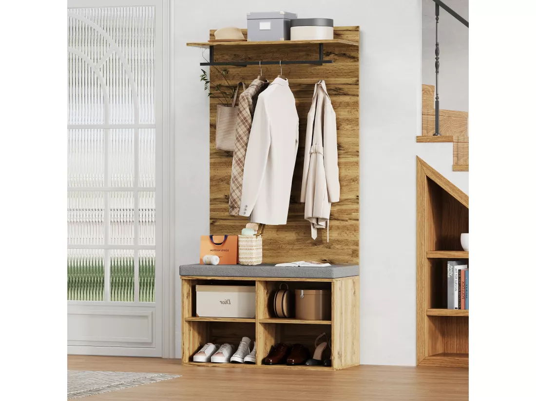 Meuble à chaussures avec banc, 2 portes et porte-manteau - 175 x 84 x 37 cm - Panneaux de particules - Etagère réglable - Chêne