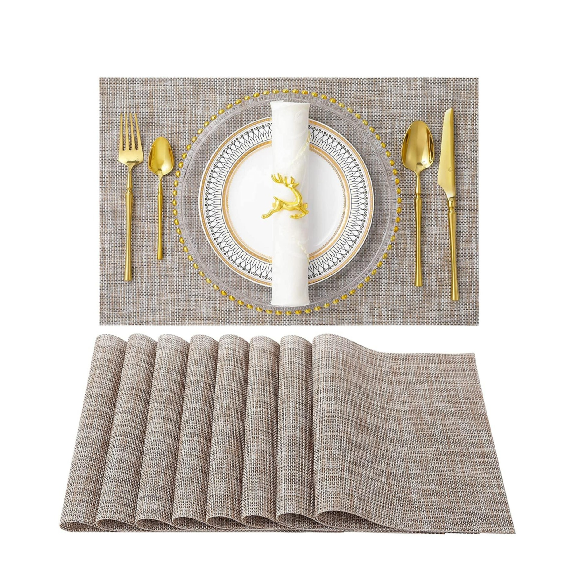 (8er Set) 45x30cm Hitzebeständige PVC Tischunterlage Abwaschbare Teller Untersetzer Tischset - Caramel