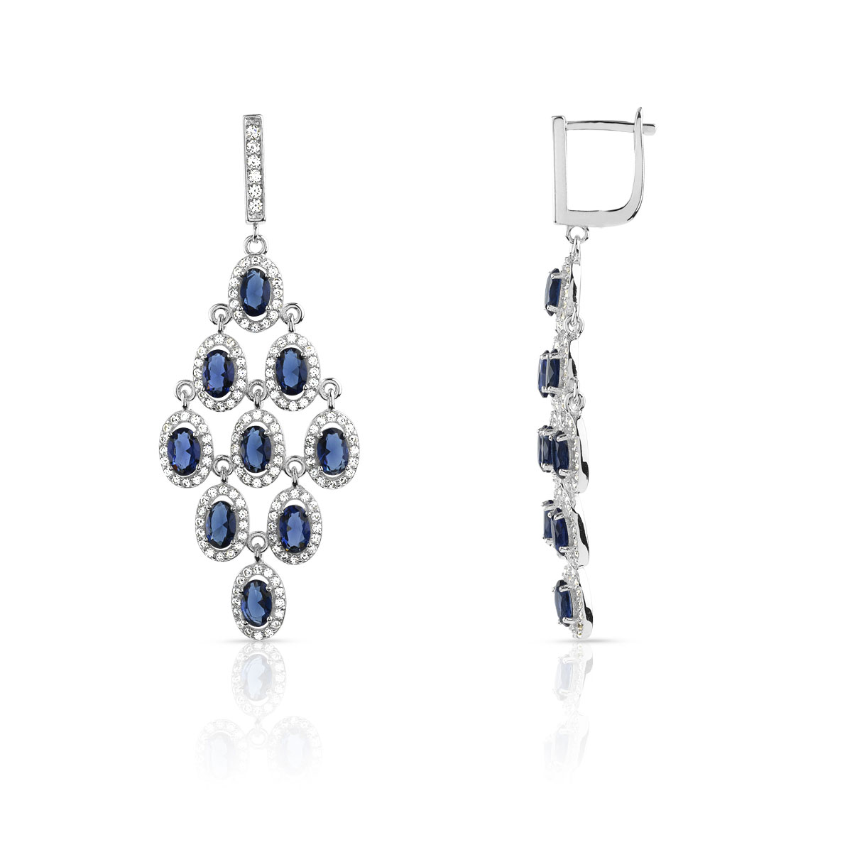 Boucles d'oreilles argent 925 pendants zirconias bleus et blancs