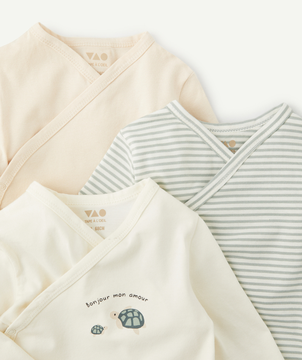LOT DE 3 BODIES EN COTON BIO ÉCRU BEIGE ET IMPRIMÉ VERT À RAYURES
