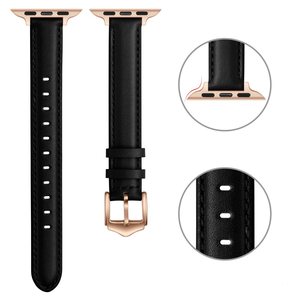 Apple Watch (49/46/45/44 mm) Echtleder Ersatz Armband mit Dornschliesse (Gelenkumfang 160-226 mm) - Schwarz / Roségold