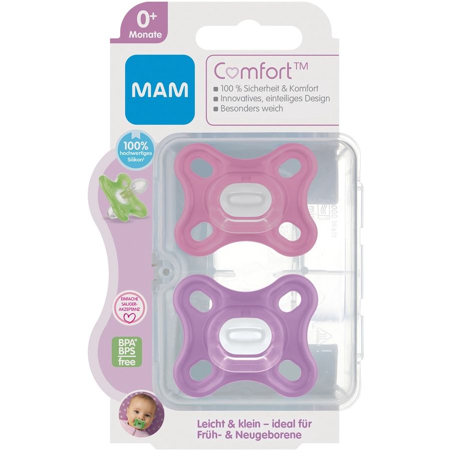 MAM Schnuller Comfort Silikon, 0+ Monate, 2 Stk, pink + lila