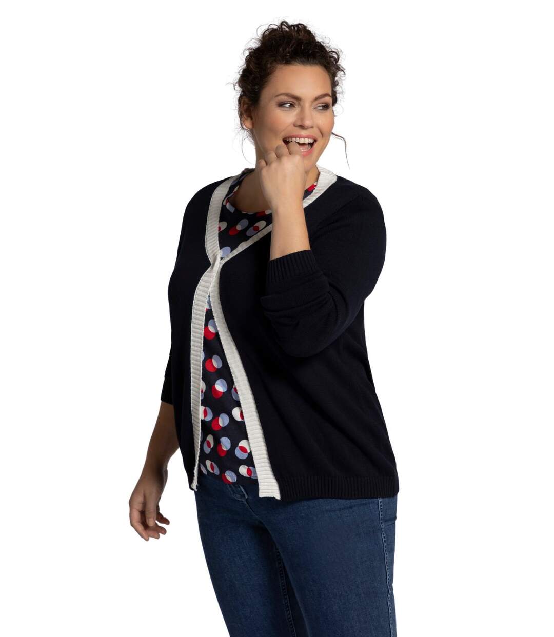 ULLA POPKEN Cardigan bouton-pression cache-bijoux tricot doux noir NEUF