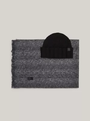 Conjunto de presente com cachecol espinha de peixe e gorro canelado