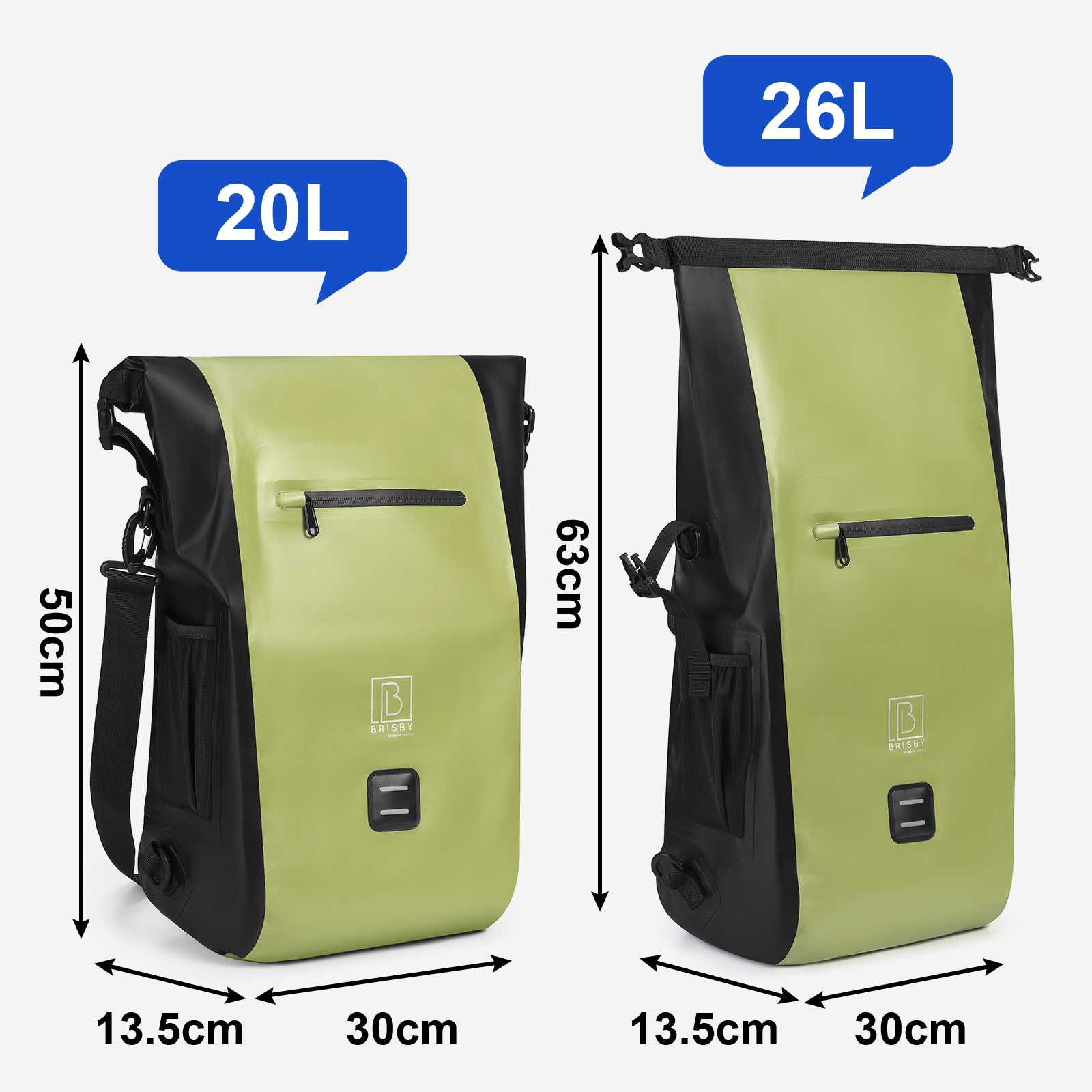 Brisby 3 in 1 waterdichte rolltop Green fietstas - Set van 2