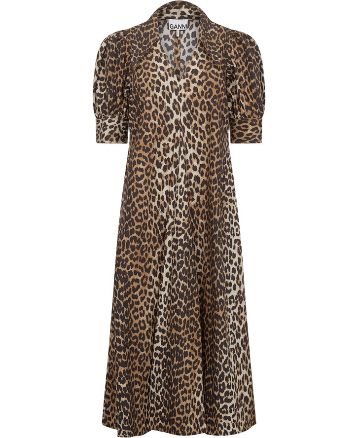 Ganni Printed Cotton Poplin V-neck Long D Leopard