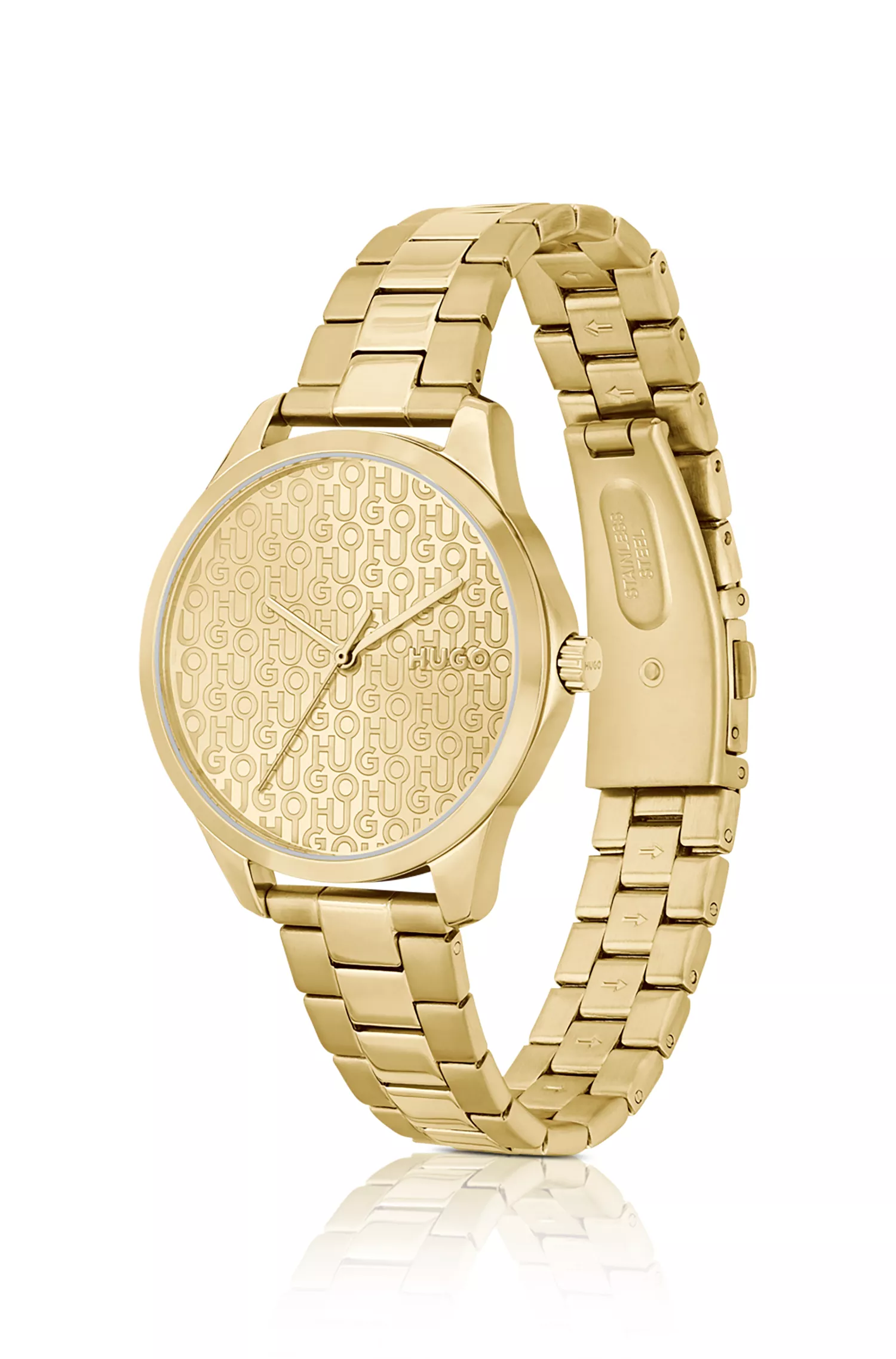 Relógio HUGO em tons de vermelho e dourado com mostrador monogramado.