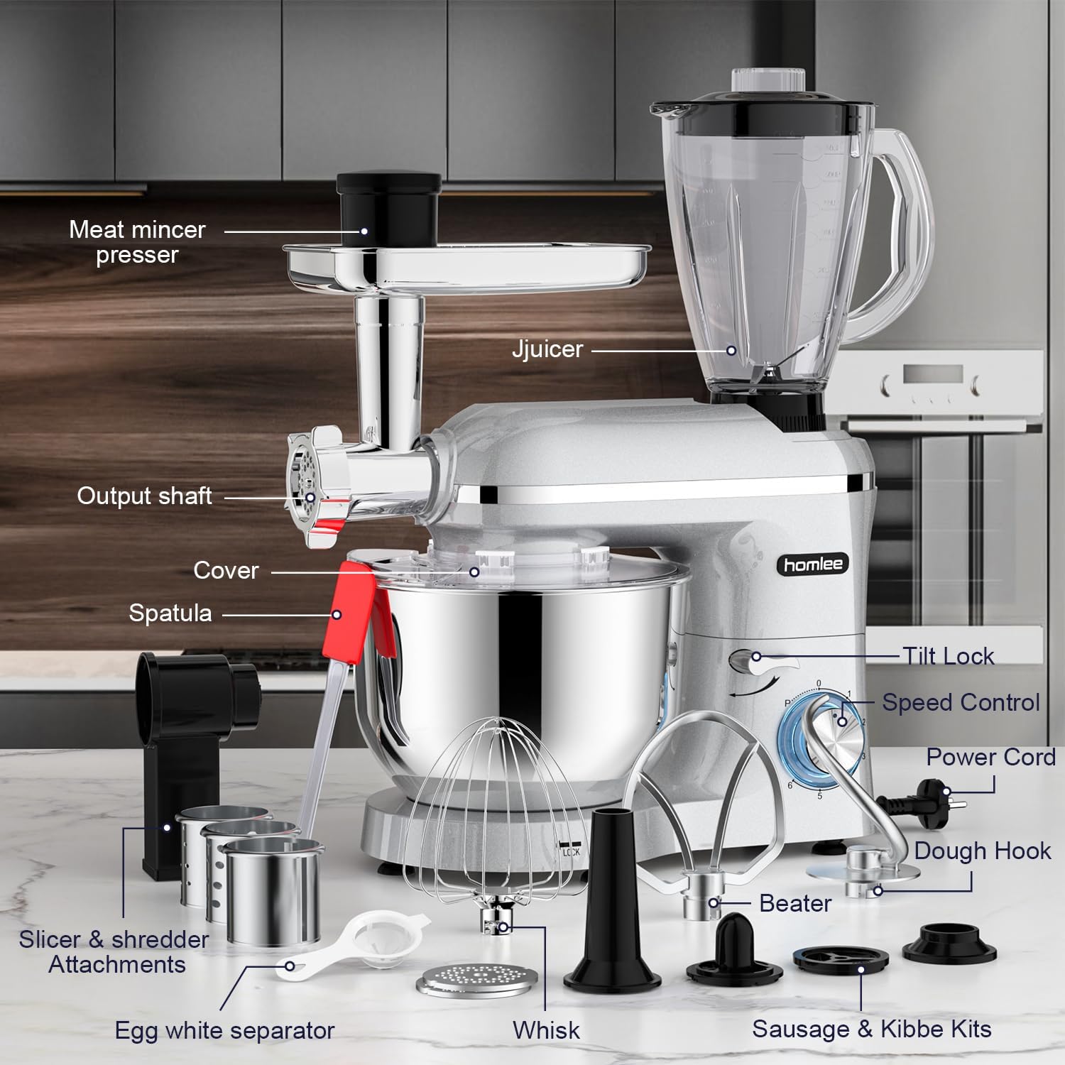 3 in 1 Universal Küchenmaschine 2000W Multifunktionale Knetmaschine 6-stufige Gescheindigkeit Mixer, mit Fleischwolf, 1.5L Saftpresse, 5.5L Edelstahlschüssel knetmaschine