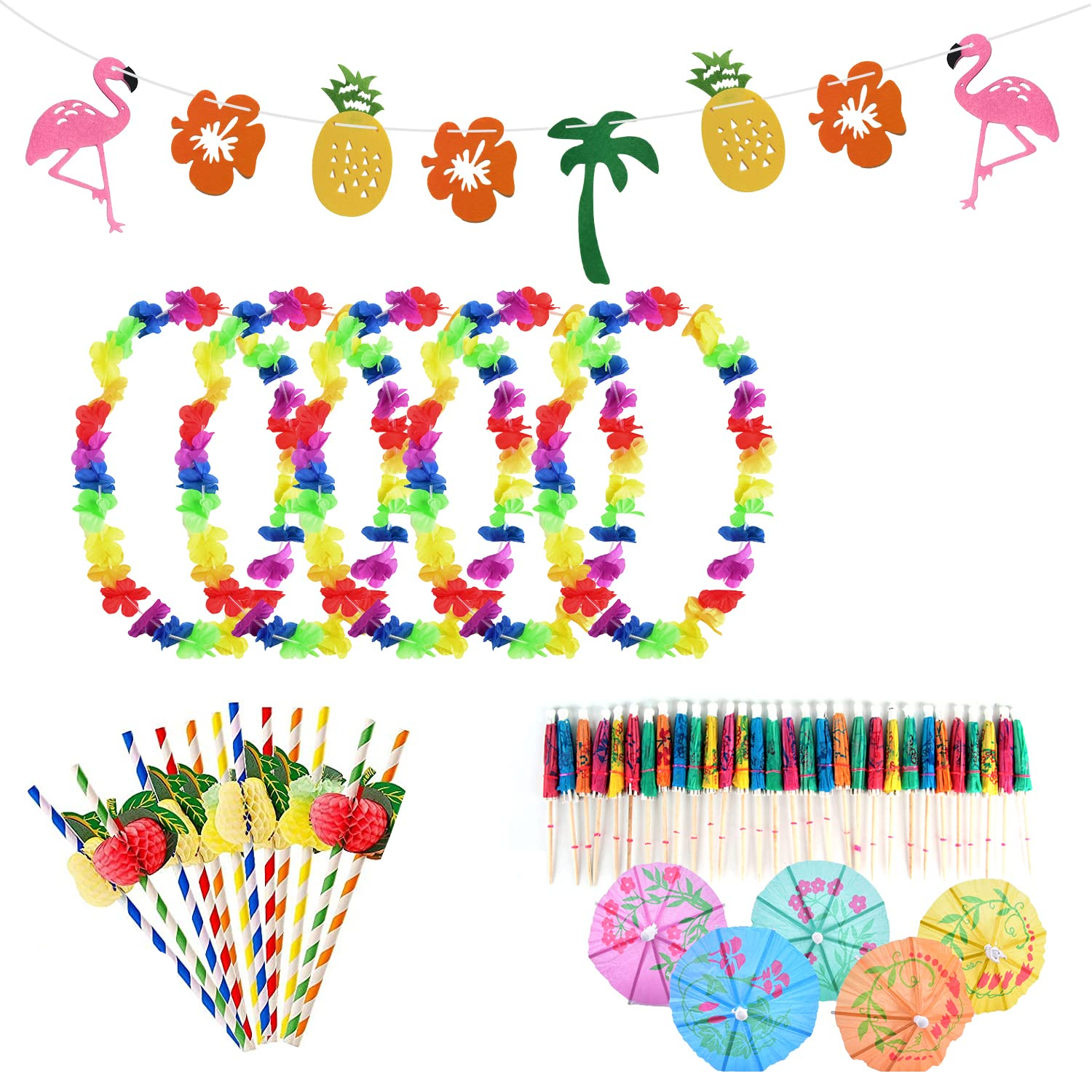 (90-tlg. Set) Sommer Party Dekoration Tischrock / Papier Strohhalme / Girlande / Blumen Kette / Palmblätter / Cocktail Schirmchen - Tropical Hawaii