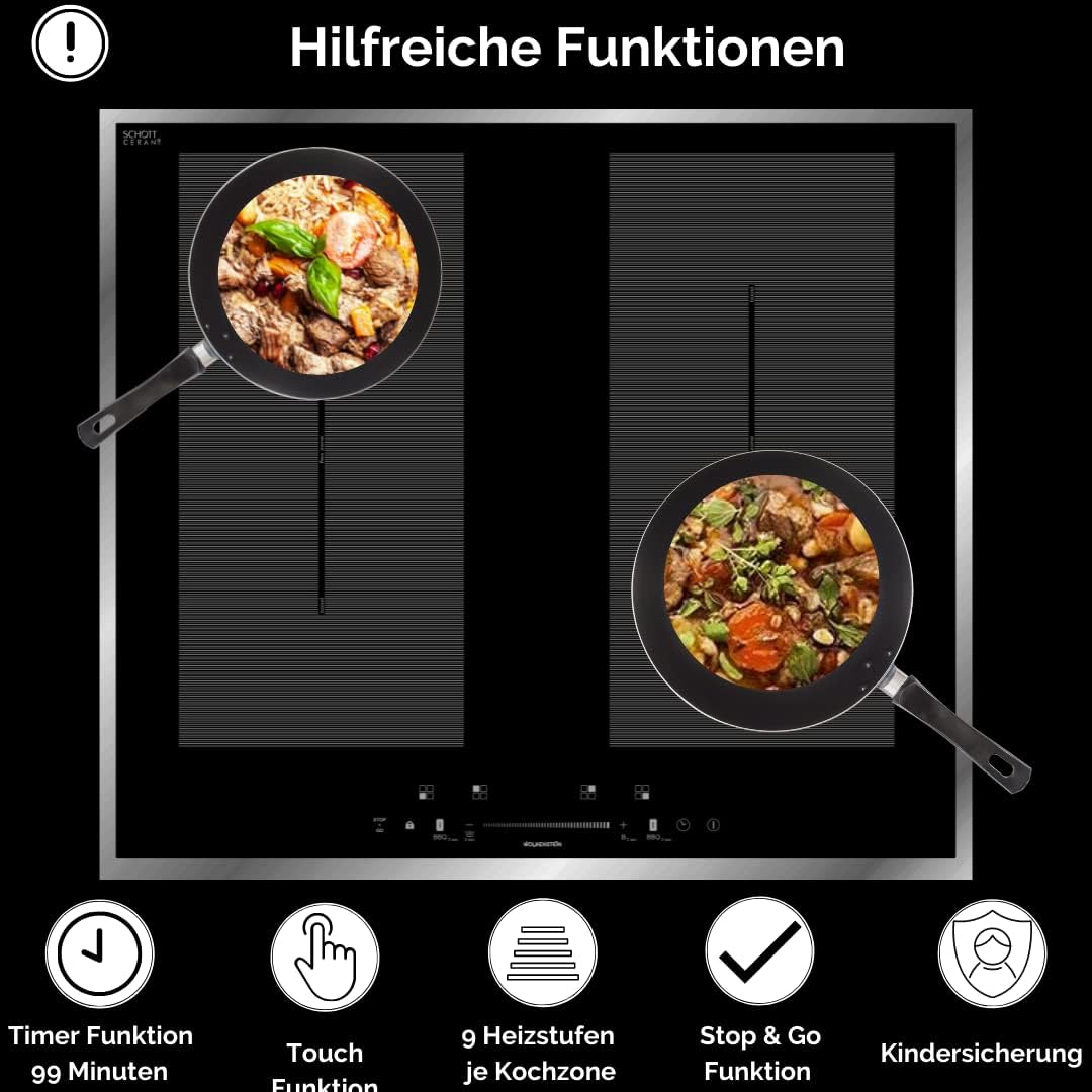 WOLKENSTEIN IF60-2FZBWSGW Induktionskochfeld mit Edelstahlrahmen | 60cm | Autarkes Kochfeld | 4 Kochzonen | 9 Heizstufen | 7400W | Slider Touch Control | Kindersicherung | Timer | Glaskeramik