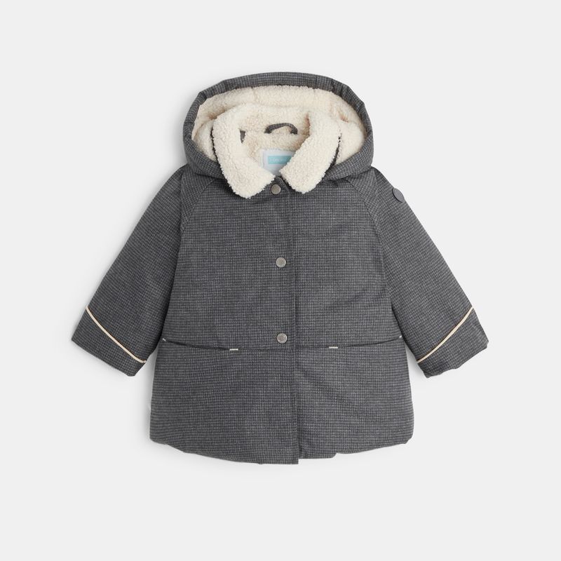 Manteau carreaux pied-de-poule fourré gris bébé fille