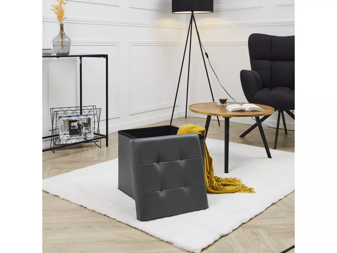 Coffre Pouf Pliable Pu Gris