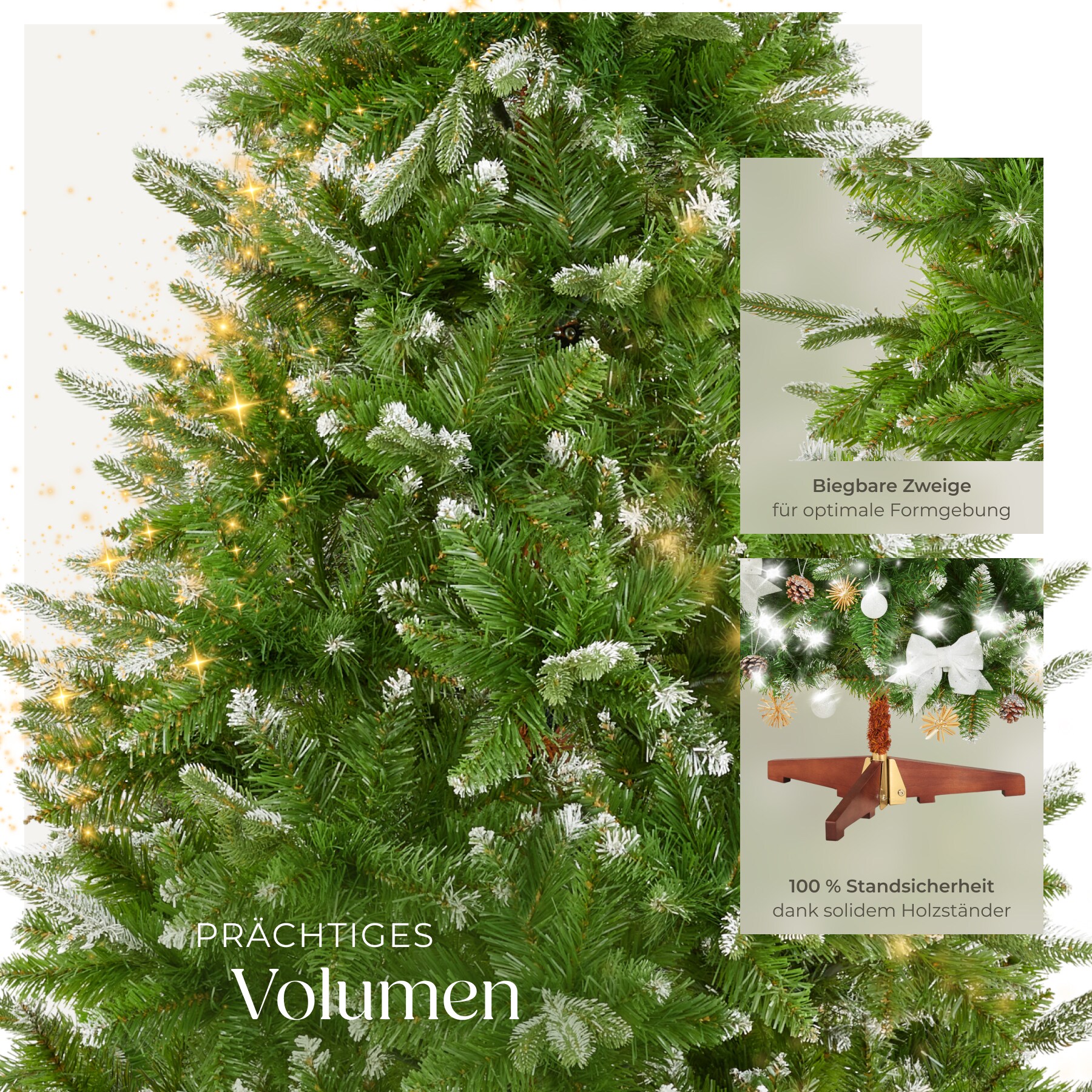 tectake® Weihnachtsbaum, künstlich in Grün, PVC- und Spritzgussnadeln, beschneite Spitzen, formbar mit viel Volumen, klappbarer Baumständer aus Holz, 110 x 180 cm
