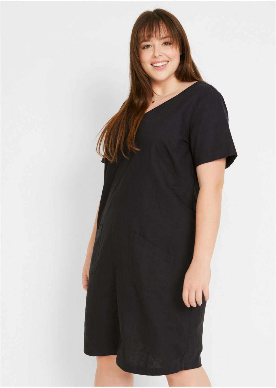 Robe en lin majoritaire à col V, mi-manches, longueur genou