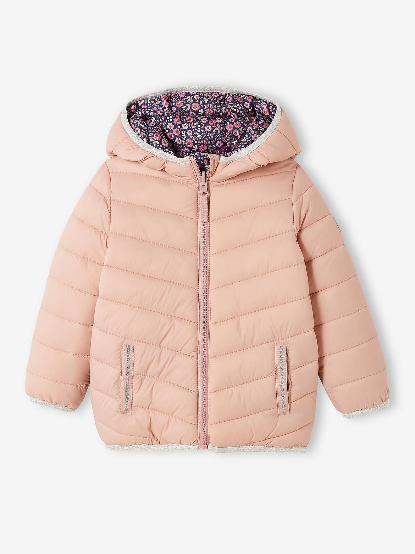 Jaqueta reversível leve com capuz para meninas, estampa rosa vibrante.