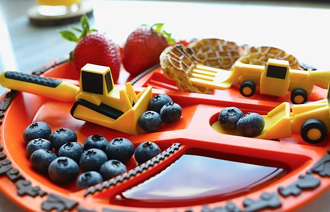 (4-tlg. Set) Kinder Lern Geschirr Kreativer Baustellen Teller mit Besteck Bagger Schieber / Gabel / Löffel