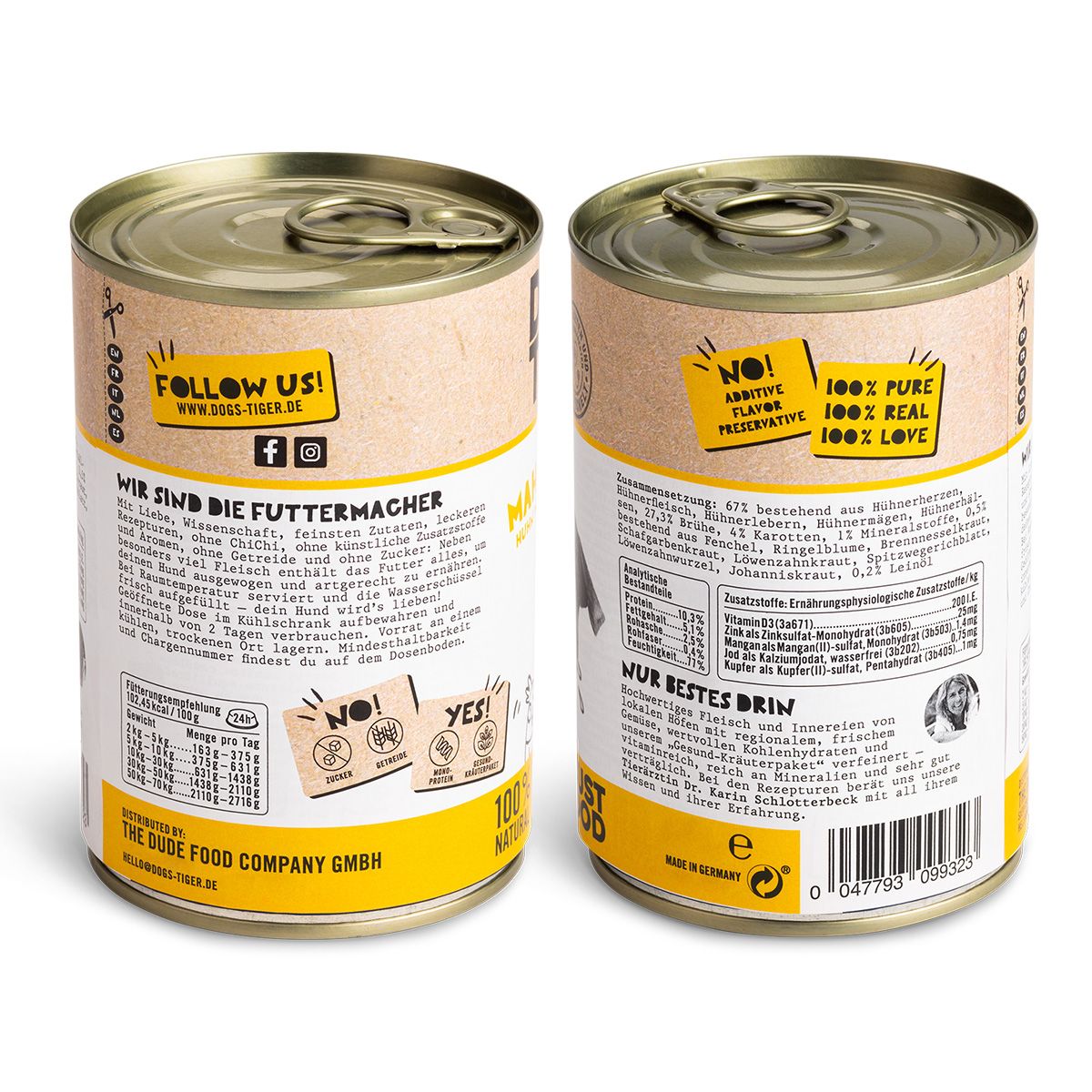 Dogs’n Tiger Adult Premium Hundefutter, Nassfutter, Getreidefrei, Mahlzeit, Huhn & Karotte