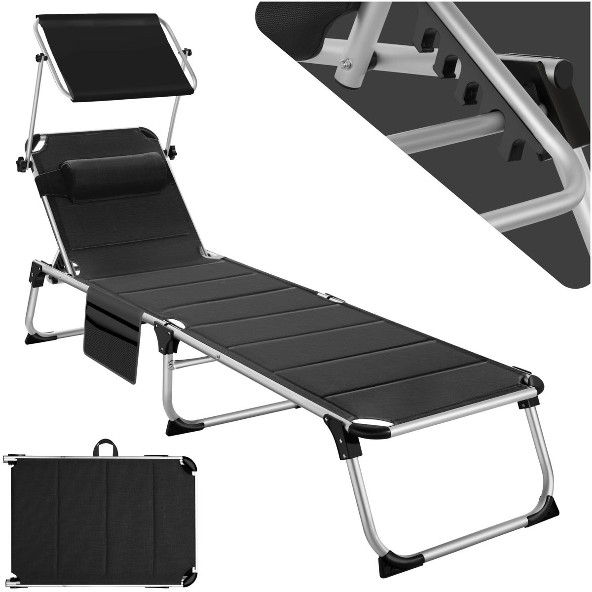 tectake Lorella gestoffeerde zonnebank, opvouwbaar 220 x 60,5 x 34 cm, met zijvak