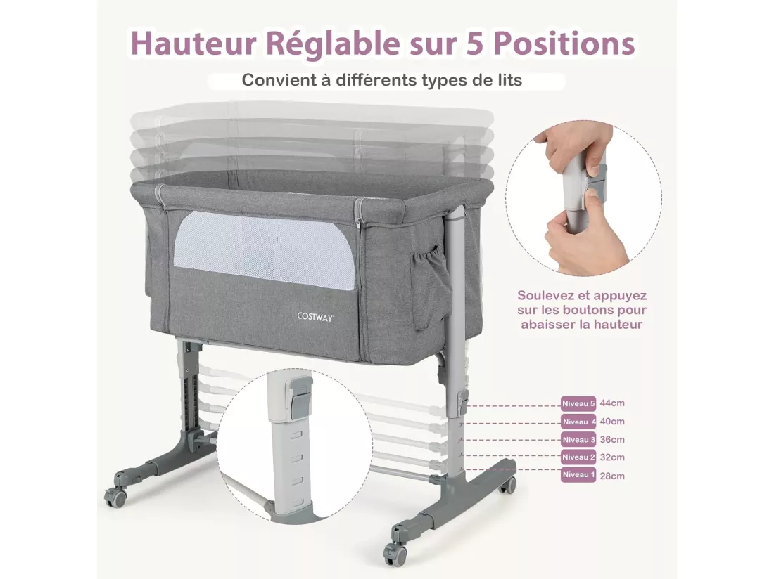 Lit Cododo Bébé 3 en 1 avec Hauteur Réglable 5 Niveaux, Lit Berceau Inclinaison de 10° avec Matelas Confortable,Maille Respirante,Charge 9KG,Sac de Voyage pour Bébé 0-5 Mois, Gris Clair