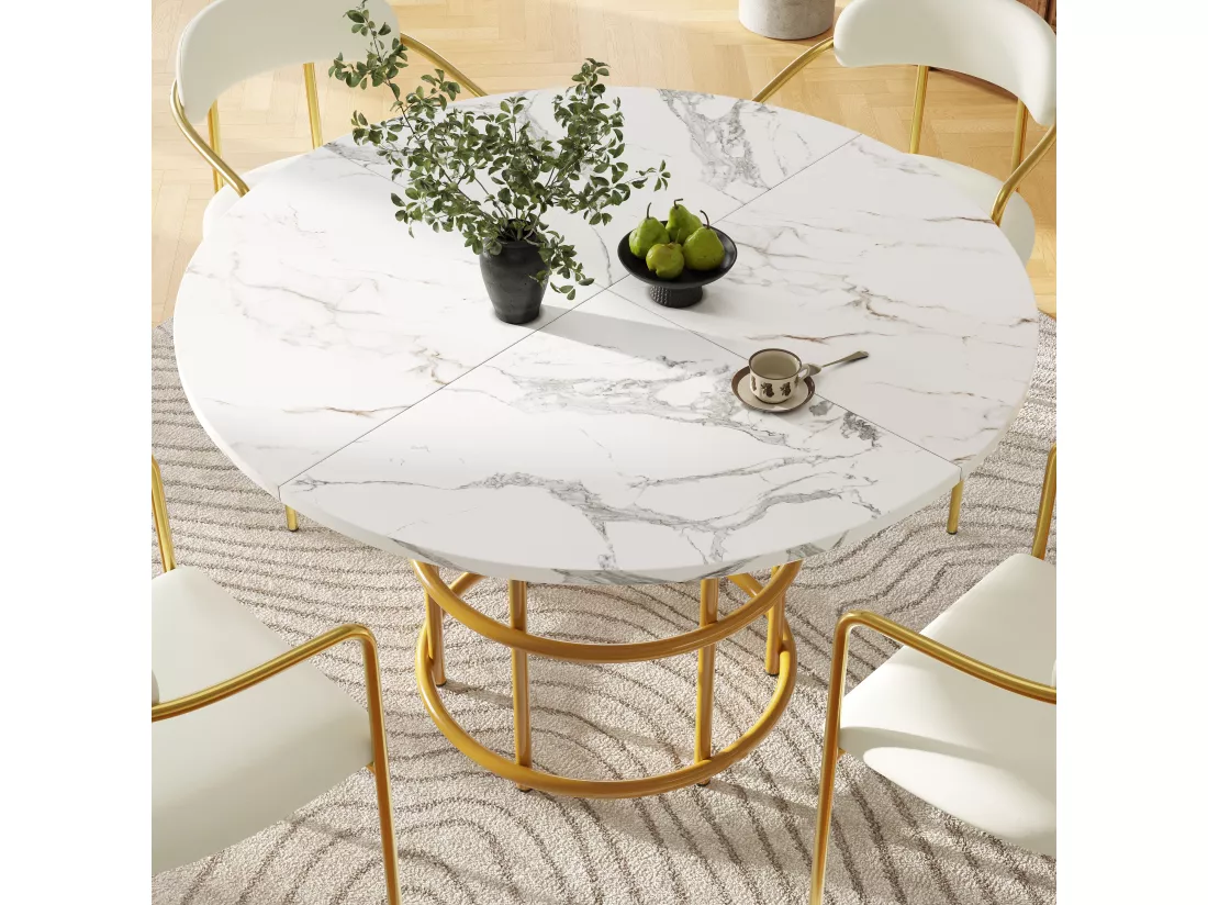 Table à manger ronde 4 à 6 couverts - D 100 x H 76 cm - Plateau marbré - MDF et pièds en métal dorés - Blanc + or
