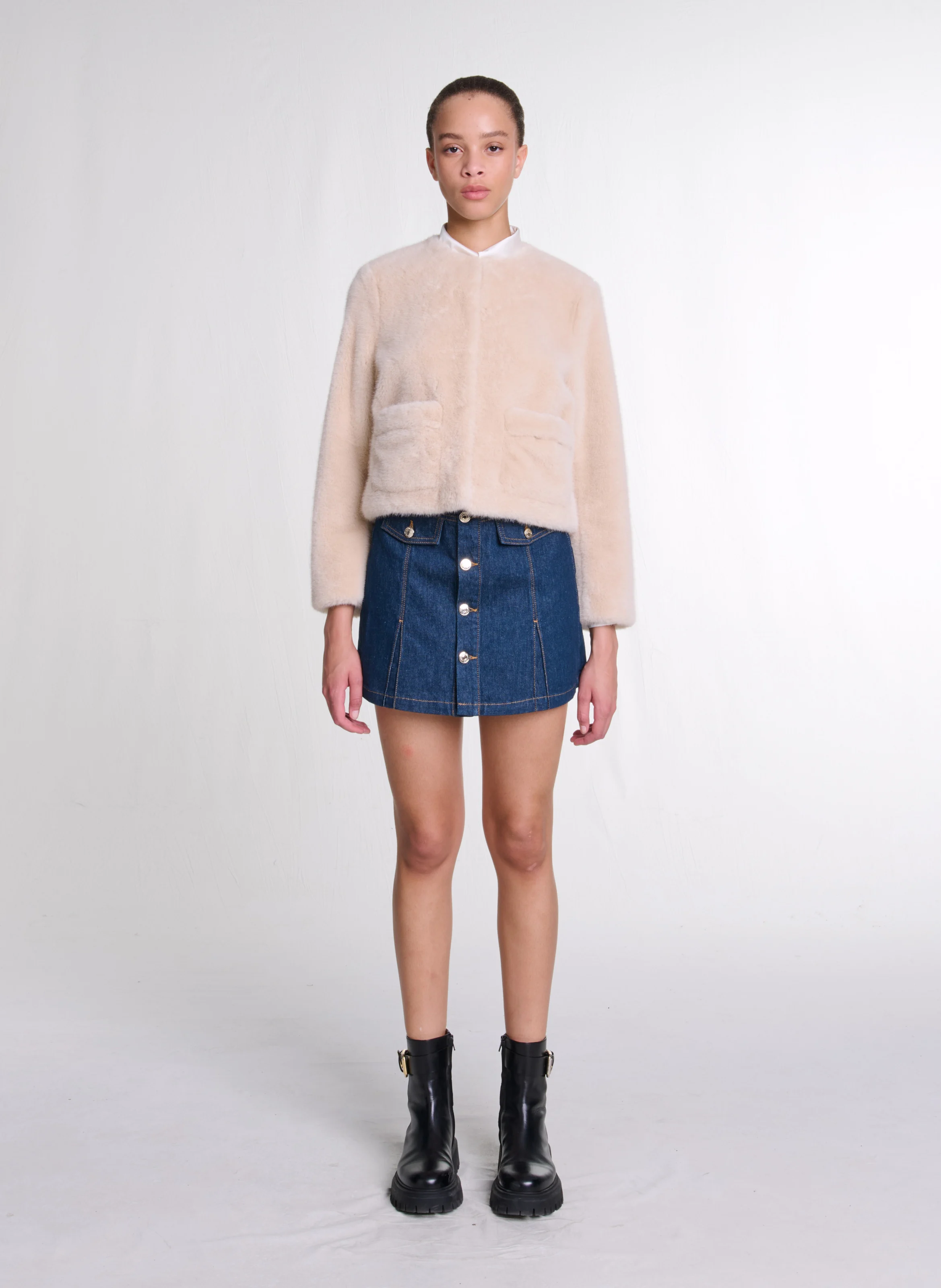 Veste col rond effet fourrure | Beige