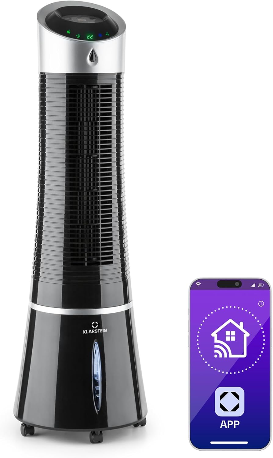 Klarstein 4-in-1: Smart Luftkühler, Ventilator, Luftbefeuchter & Ionisation I 6 L Wassertank, Oszillation, 30 W, 210 m³/h, Timer I Klimagerät ohne Abluftschlauch, Mobiles Klimagerät, Schwarz