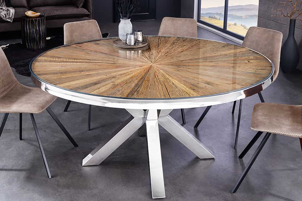 Runder Esstisch BARRACUDA 120cm braun Teak Massivholz Glasplatte silber Edelstahl verchromt