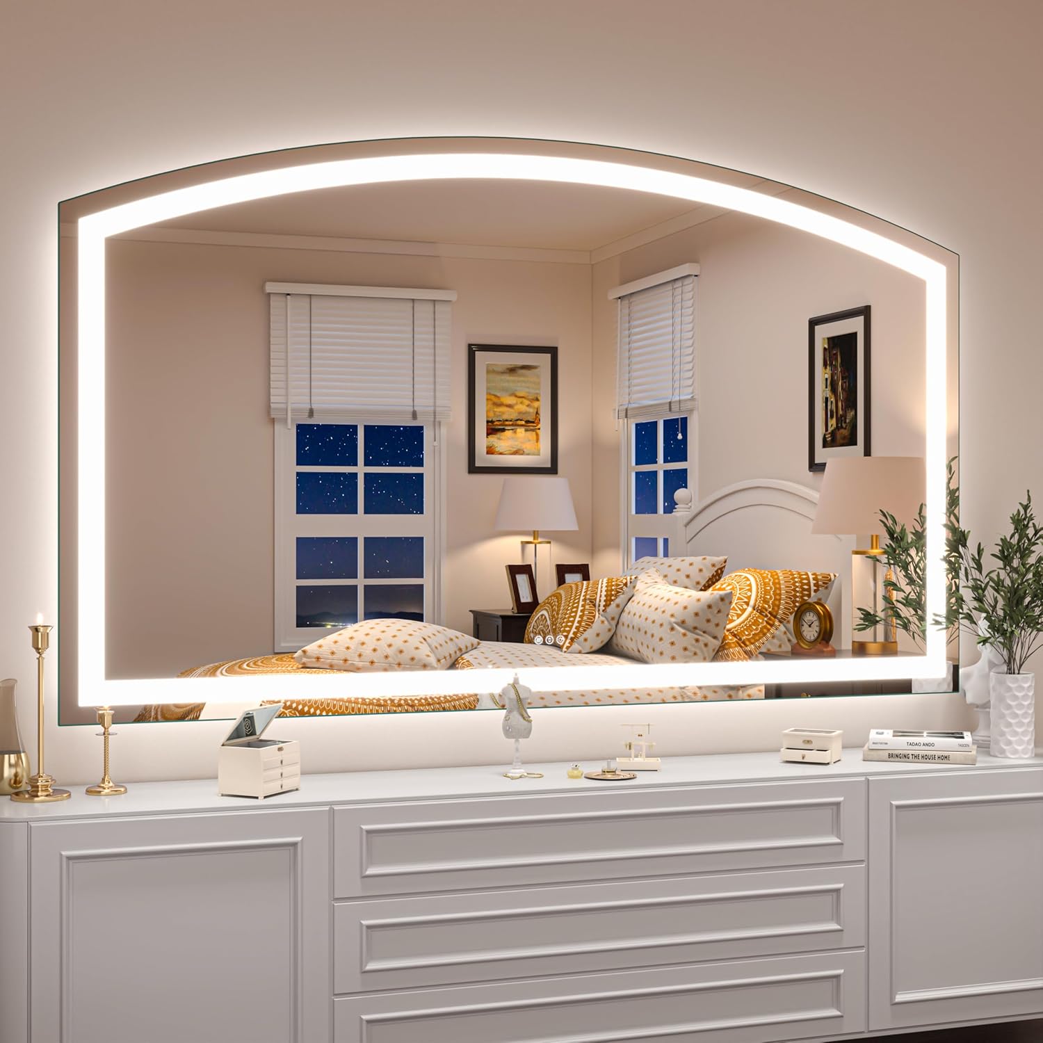 Hasipu Badspiegel mit Beleuchtung 152x91cm, LED Badezimmerspiegel Entfoggen, Touch-Schalter 3 Farben Dimmbar, Energiesparend Lichtspiegel Wandspiegel