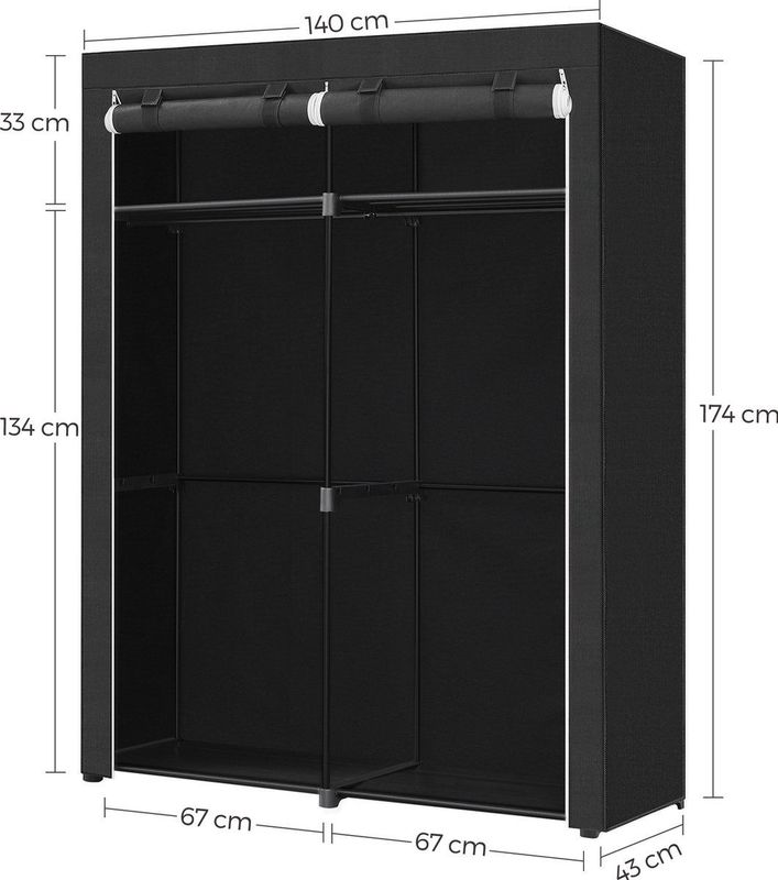Acaza Garderobekast - Kledingkast - Kleerkast in Stof en Metaal - Opvouwbaar - Kast 140x43x174 cm- Zwart