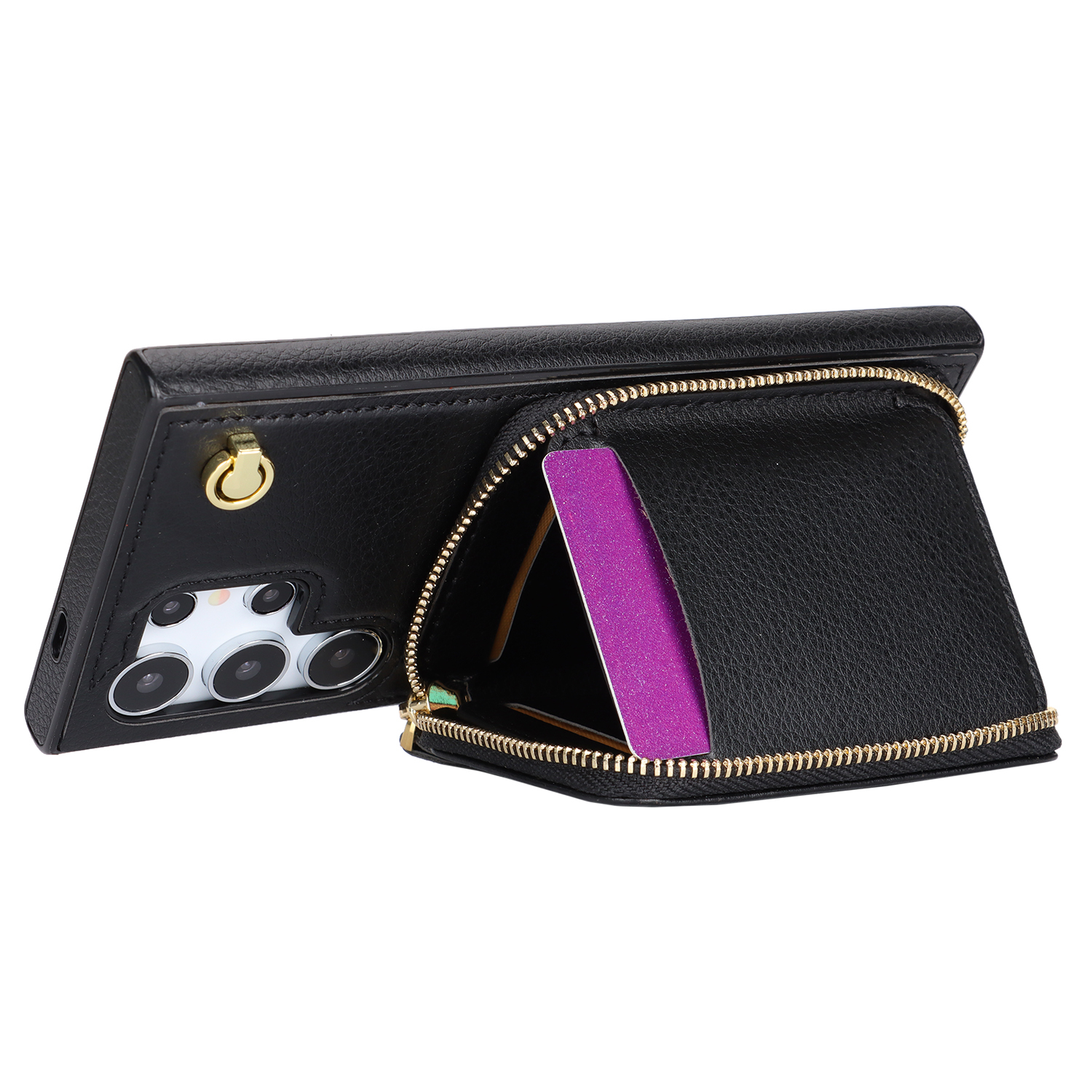 Samsung Galaxy S25 Ultra Necklace Leder Schutz Hülle mit Kartenfächer   Handykette (140cm) - Schwarz