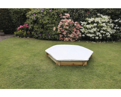 Fynja zeshoekige zandbak met wit zeil, hout, 173 x 148 x 21 cm, natuurlijke afwerking